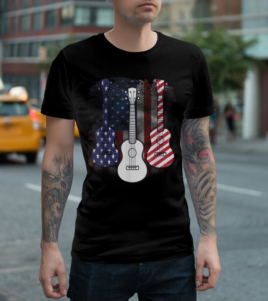 Patriotic Red White Blue American Flag Guitars 4th Of July T-Shirt