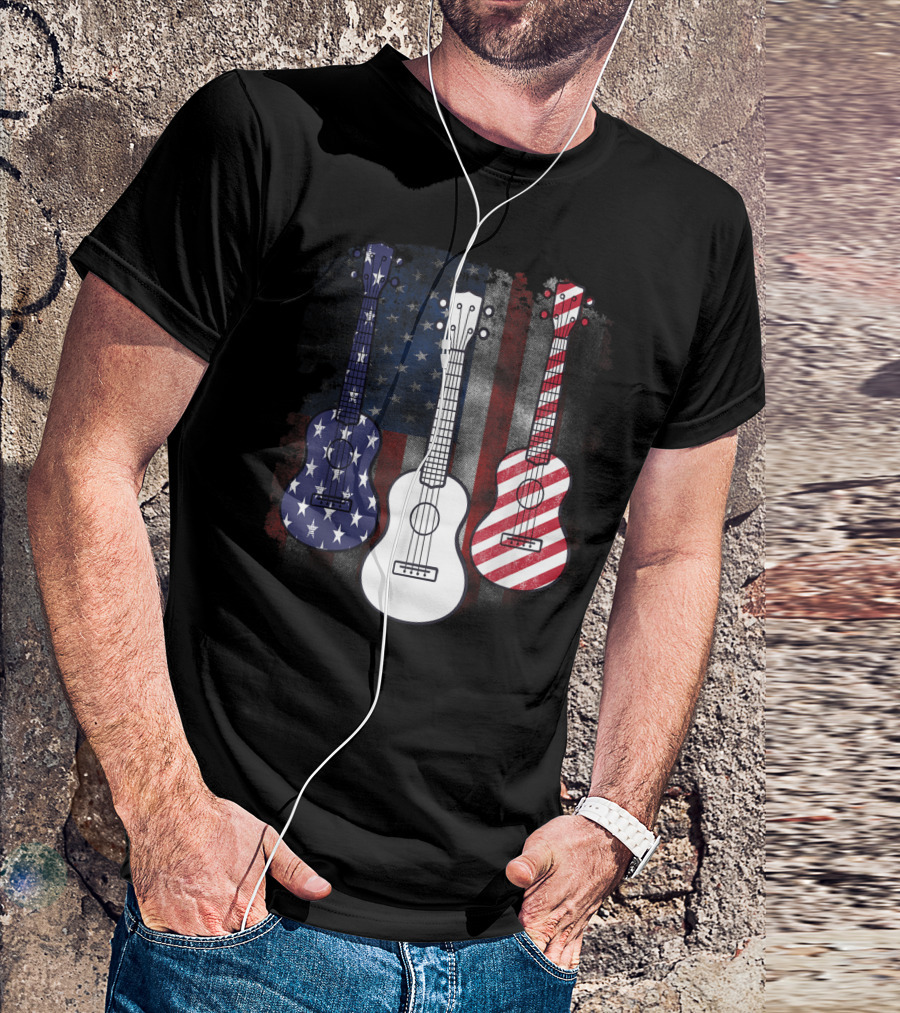 Patriotic Red White Blue American Flag Guitars 4th Of July T-Shirt