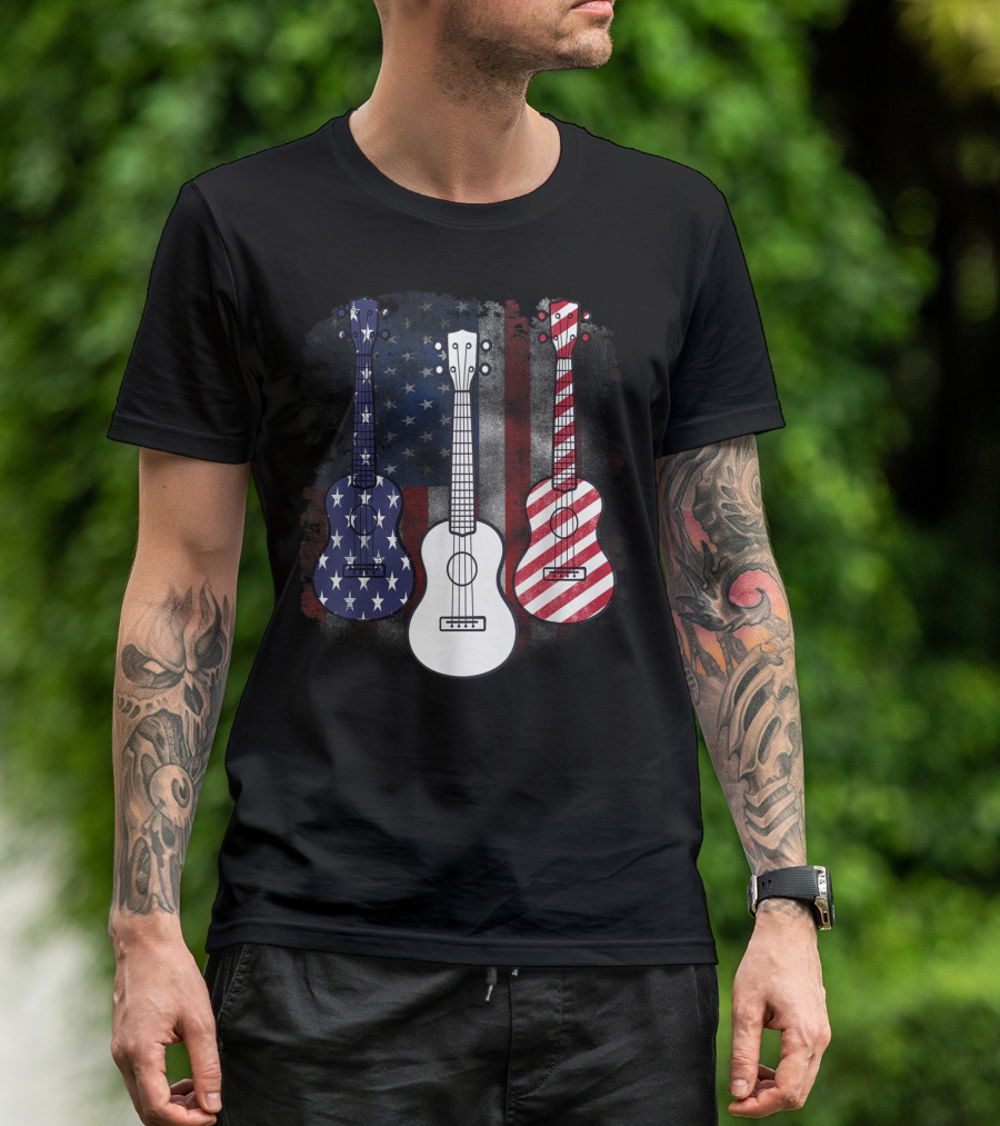 Patriotic Red White Blue American Flag Guitars 4th Of July T-Shirt