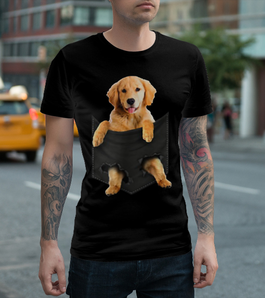 Golden Retriever Puppy In Black Pocket T-Shirt