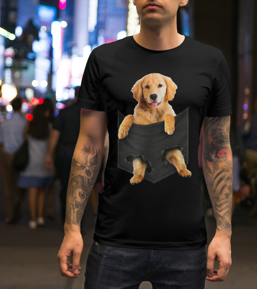 Golden Retriever Puppy In Black Pocket T-Shirt