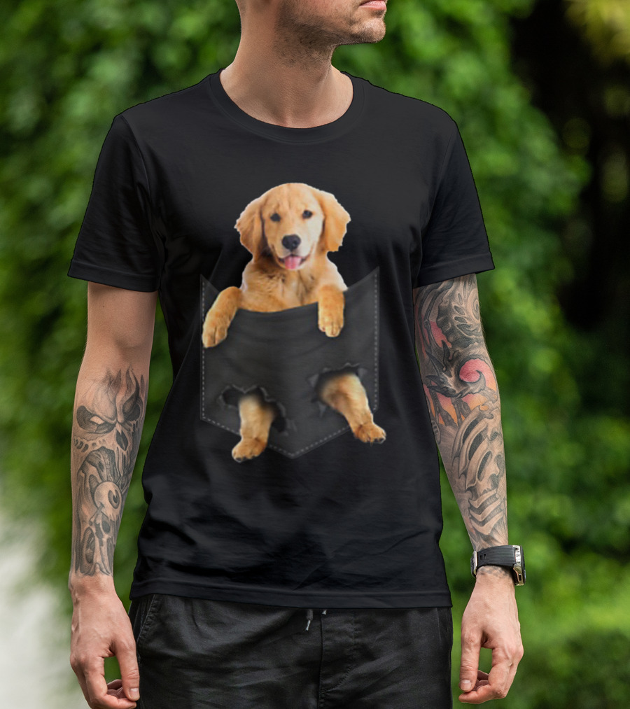 Golden Retriever Puppy In Black Pocket T-Shirt