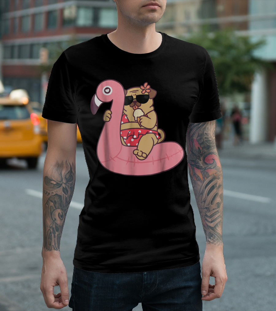 Pug Dog Bikini Pink Flamingo Ice Cream Float T-Shirt
