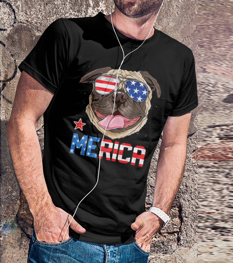 Pug Merica 4th Of July Patriotic Dog With Sunglasses T-Shirt