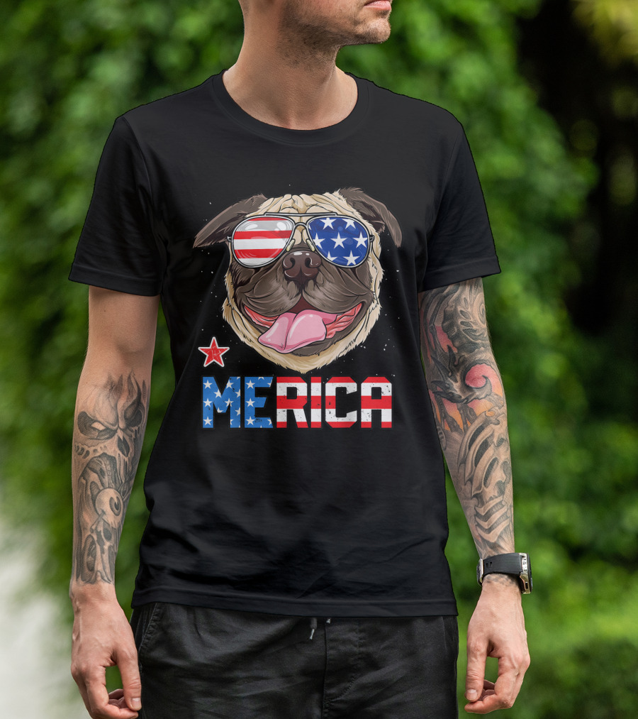 Pug Merica 4th Of July Patriotic Dog With Sunglasses T-Shirt