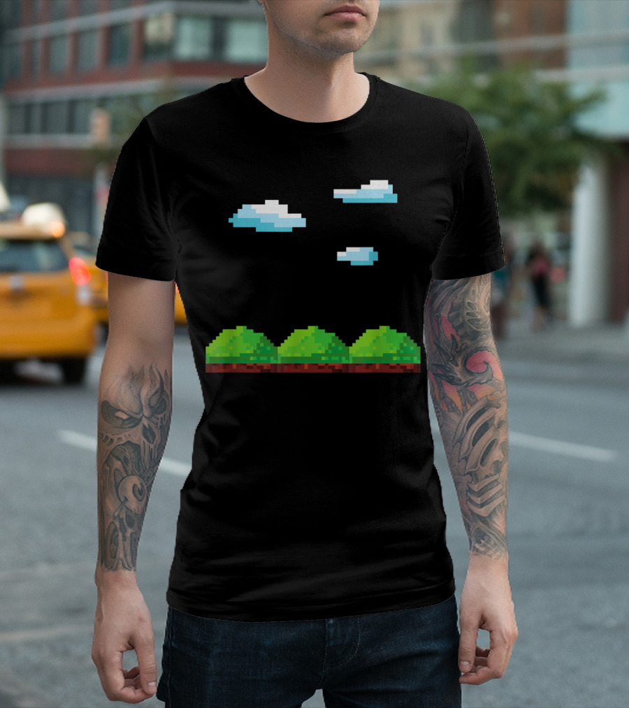 Retro Pixelated Landscape with Clouds and Green Hills T-Shirt