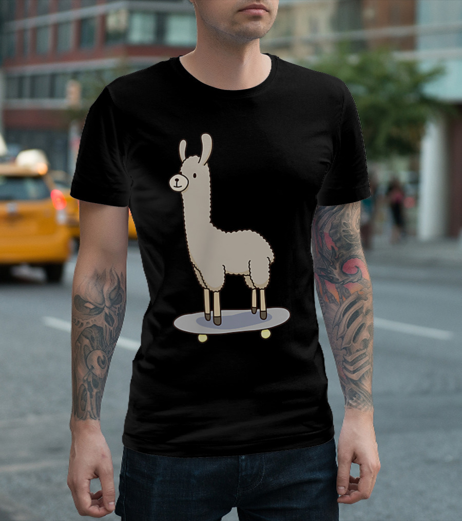 Skateboard Llama Riding Cartoon Animal Fun T-Shirt