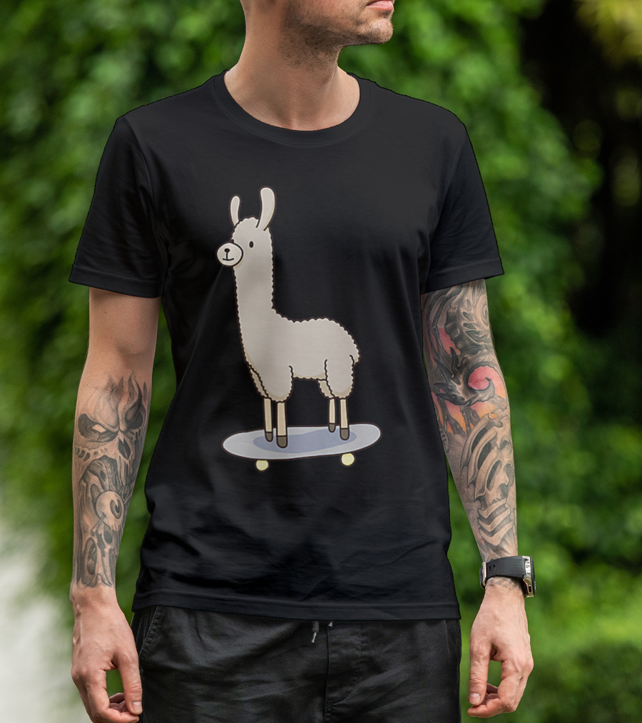 Skateboard Llama Riding Cartoon Animal Fun T-Shirt