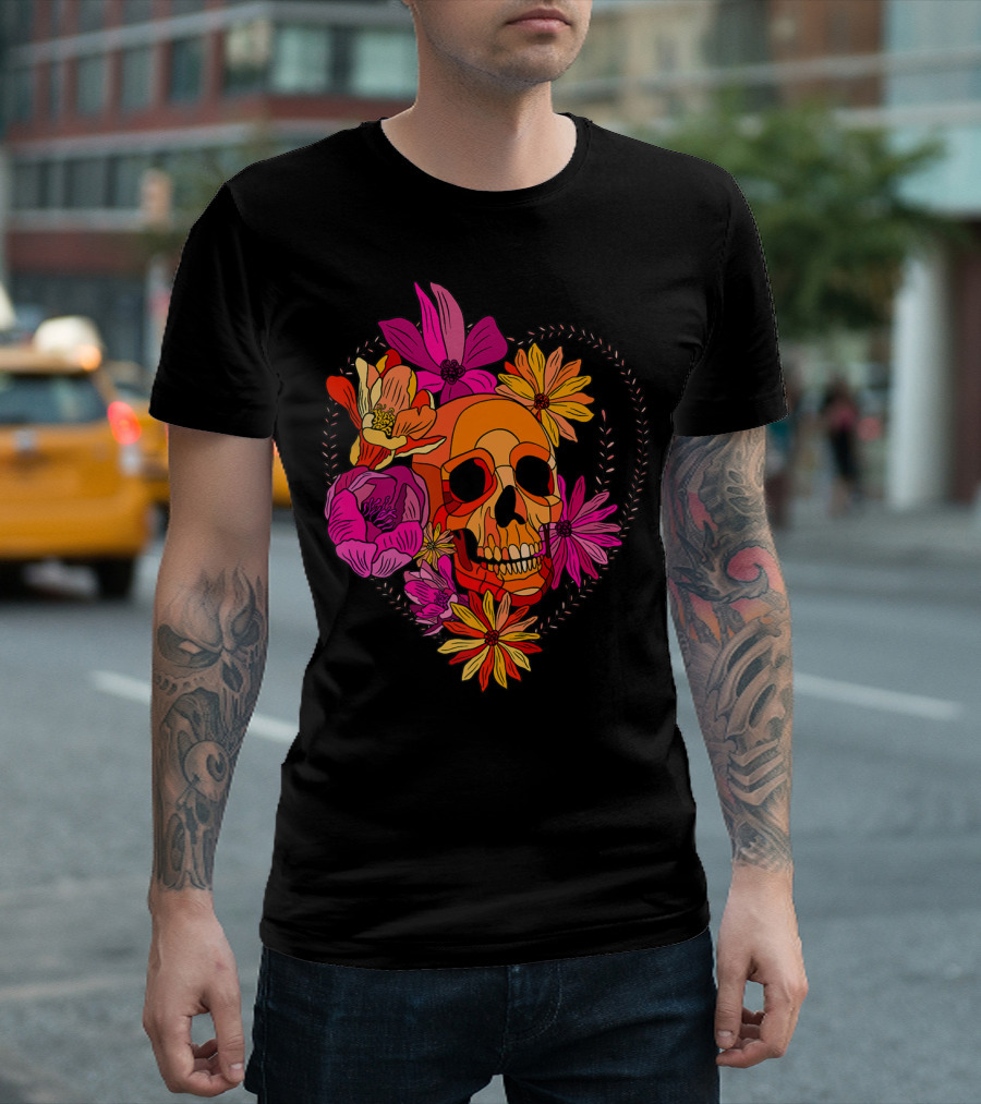 Skull Sugar Floral Heart with Vibrant Flowers T-Shirt