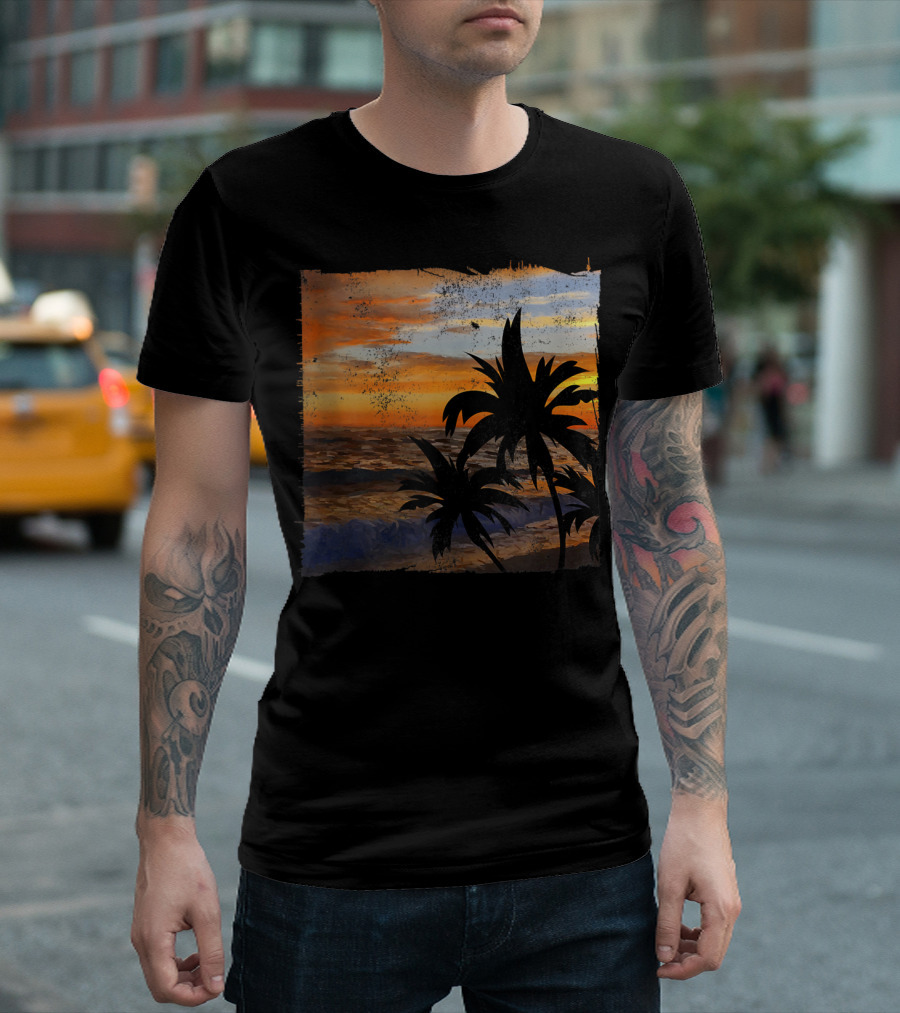 Summer Sunset Beach Scene with Silhouetted Palm Trees T-Shirt