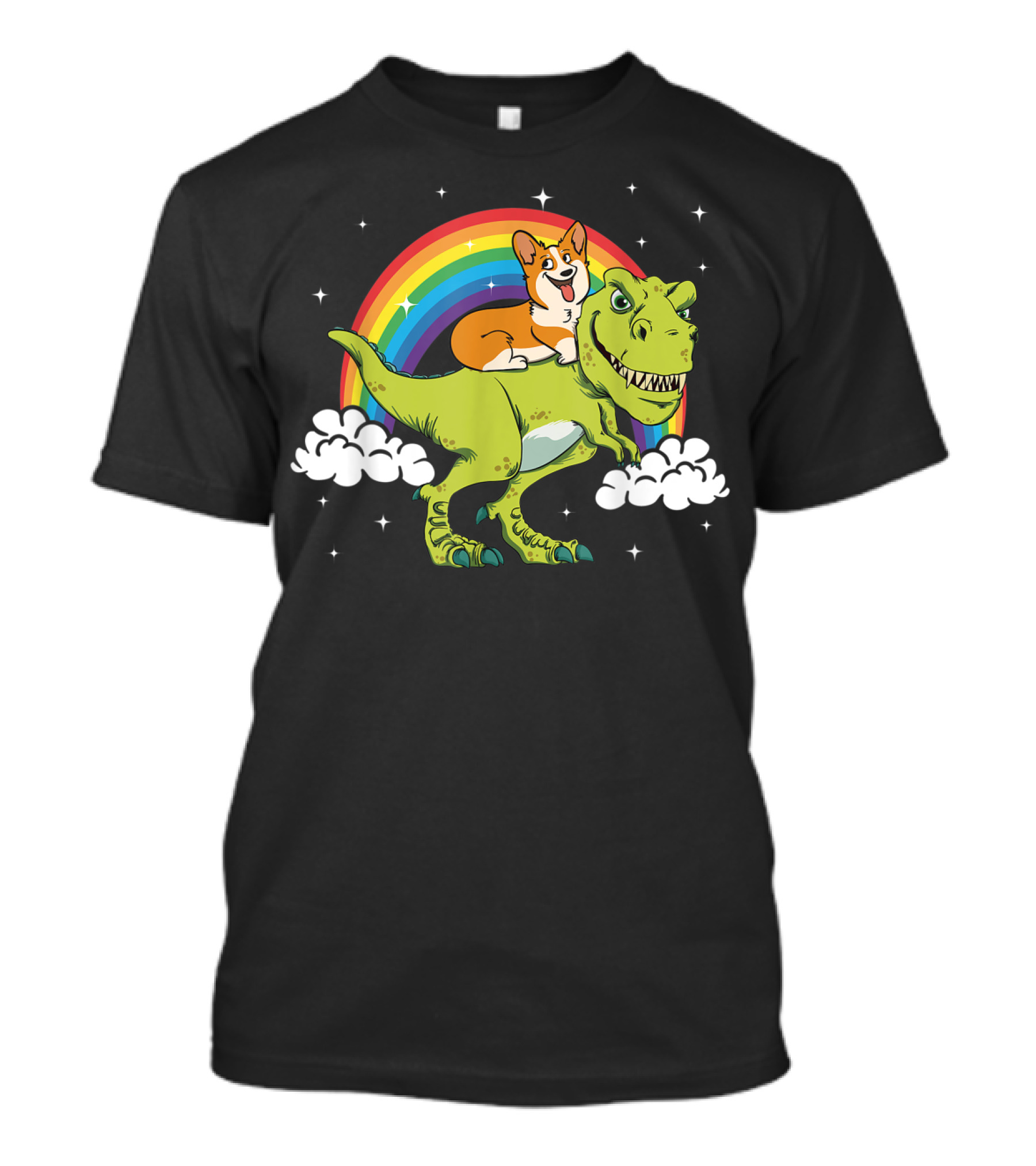 Trex Tyrannosaurus Rex Dinosaur Riding Corgi With Rainbow And Clouds T-Shirt