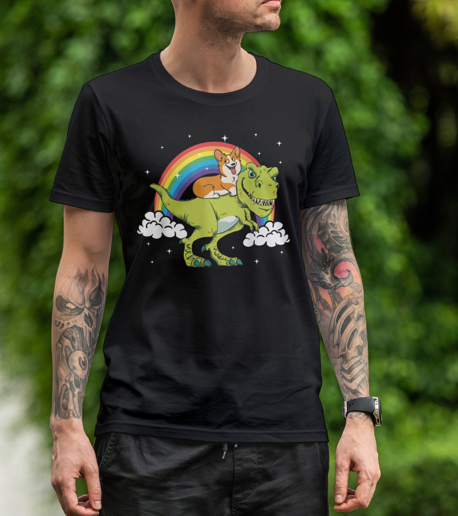 Trex Tyrannosaurus Rex Dinosaur Riding Corgi With Rainbow And Clouds T-Shirt