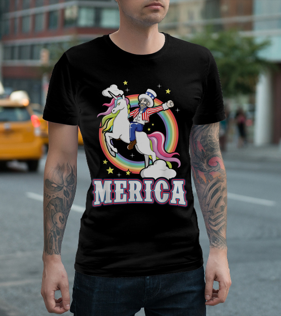 Uncle Sam On Unicorn With Rainbow Stars Merica T-Shirt