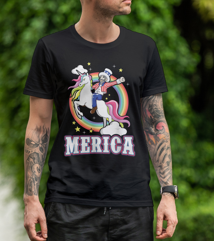 Uncle Sam On Unicorn With Rainbow Stars Merica T-Shirt