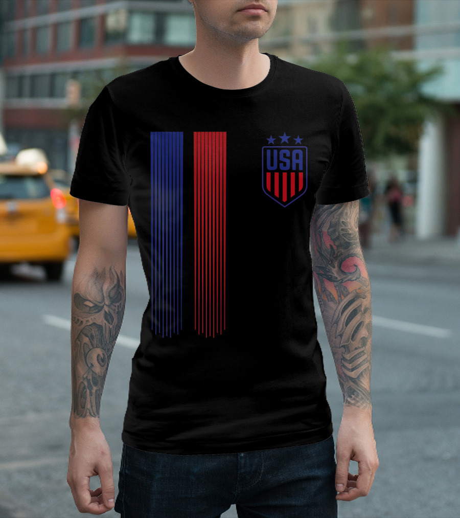 USA Soccer Womens Cool Design Stars and Stripes Iconic Shield T-Shirt