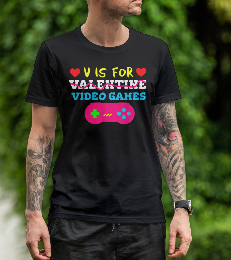V Is For Video Games Valentine's Day Gamer Heart Controller T-Shirt