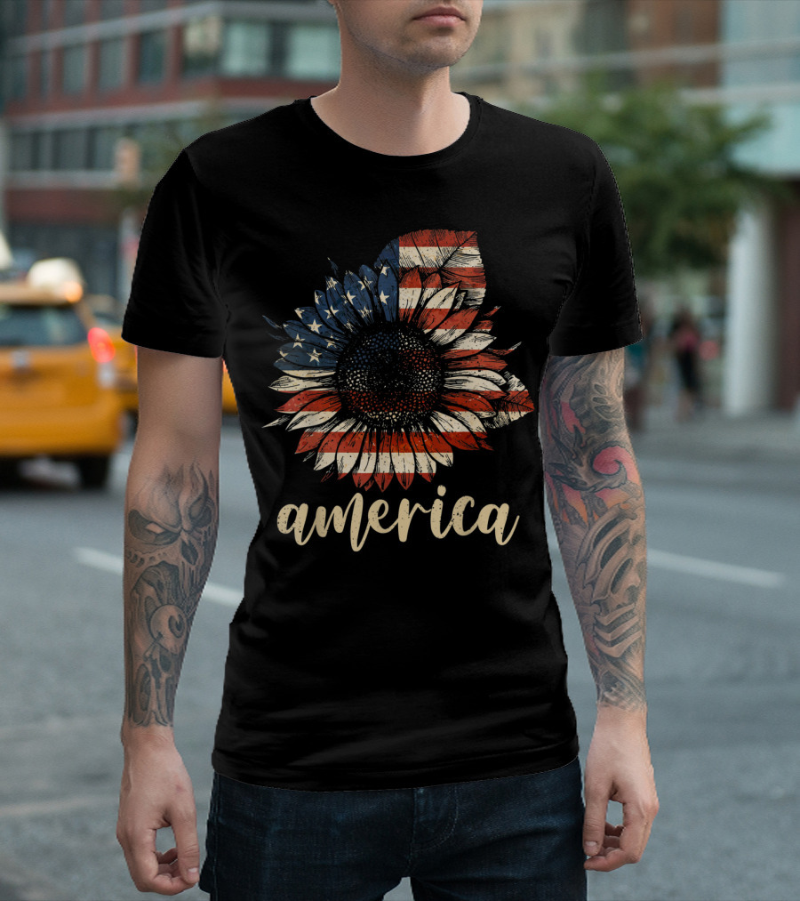 America Flag Sunflower Vintage 4th Of July T-Shirt