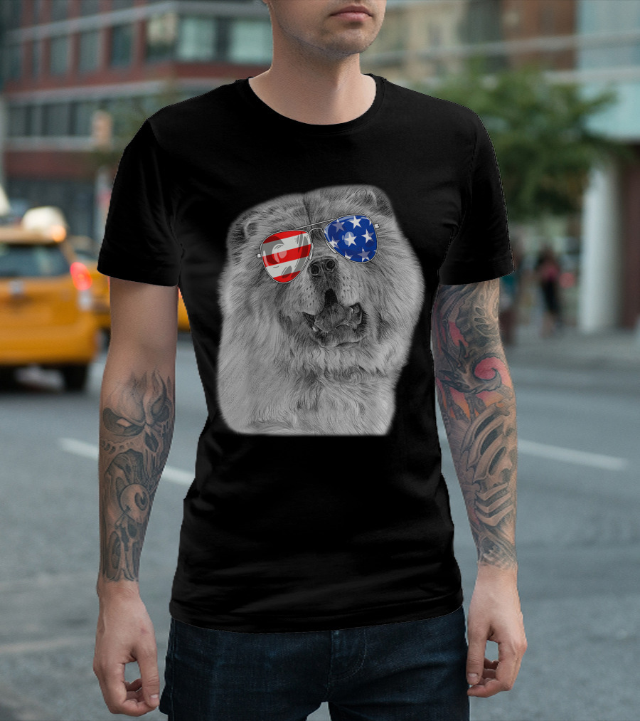 Vintage Chow Chow Dog With American Flag Sunglasses T-Shirt