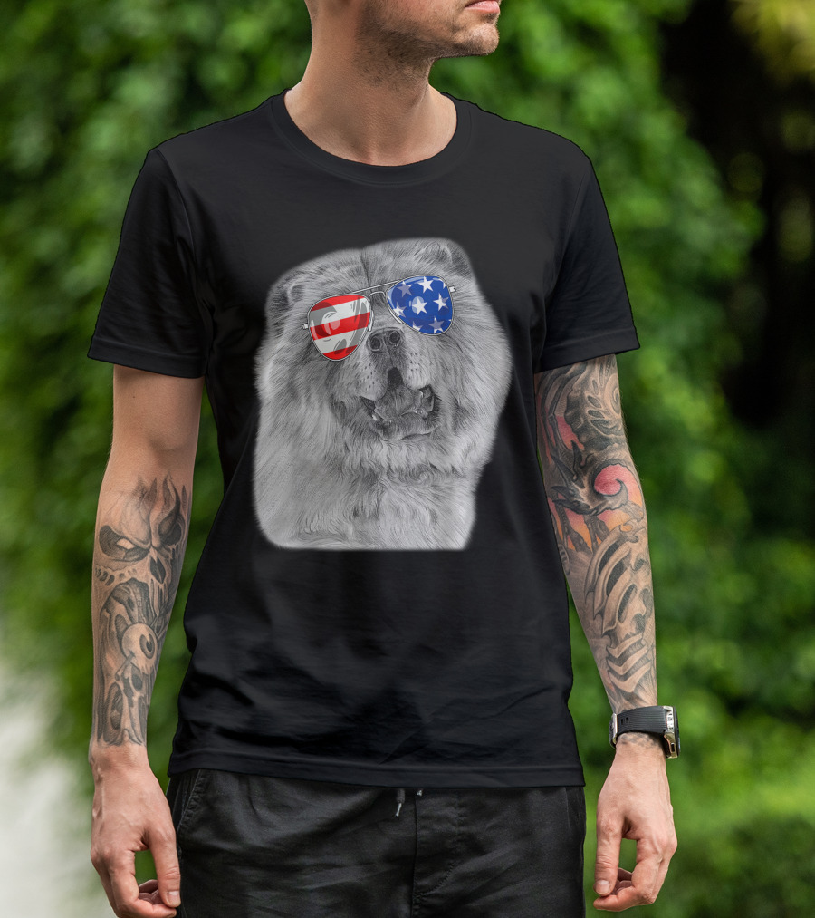 Vintage Chow Chow Dog With American Flag Sunglasses T-Shirt