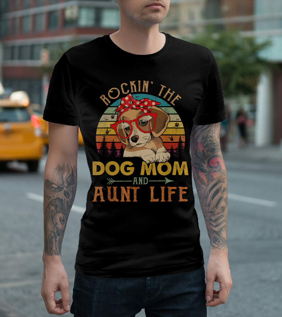 Rockin' The Dog Mom And Aunt Life Retro Puppy Glasses Bow T-Shirt