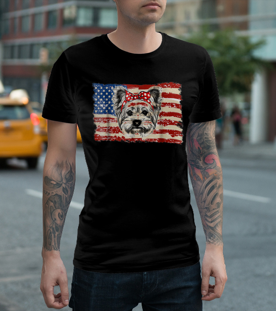 Yorkie Dog with Red Polka Dot Bow on USA Flag Background T-Shirt