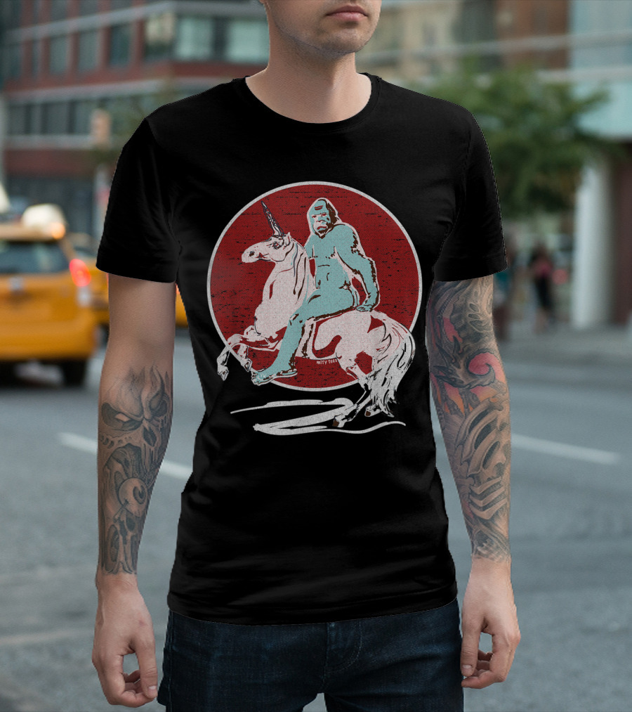 Old Western Style Sci-Fi Unicorn Bigfoot Sunset T-Shirt