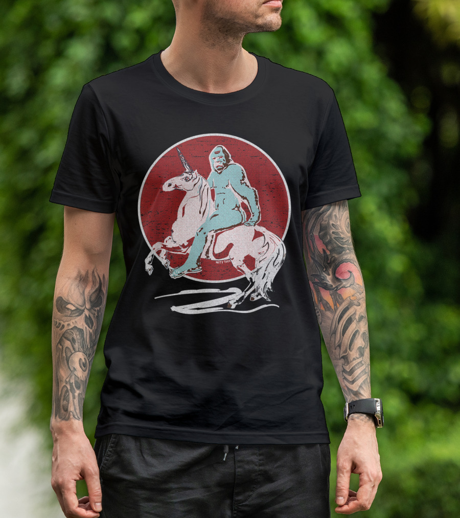 Old Western Style Sci-Fi Unicorn Bigfoot Sunset T-Shirt