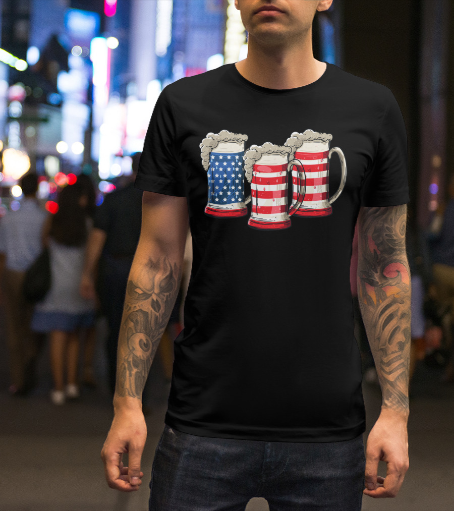 AMERICAN FLAG BEER MUGS 4TH OF JULY DRINKING T-Shirt