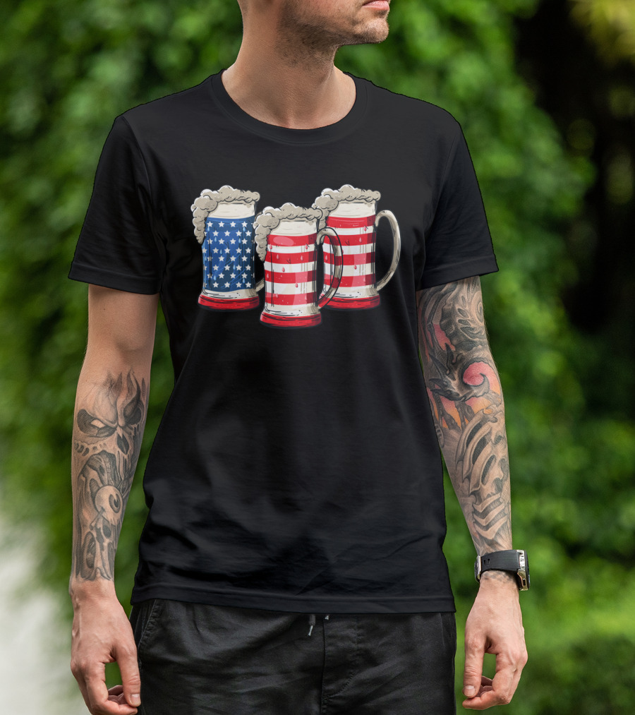 AMERICAN FLAG BEER MUGS 4TH OF JULY DRINKING T-Shirt