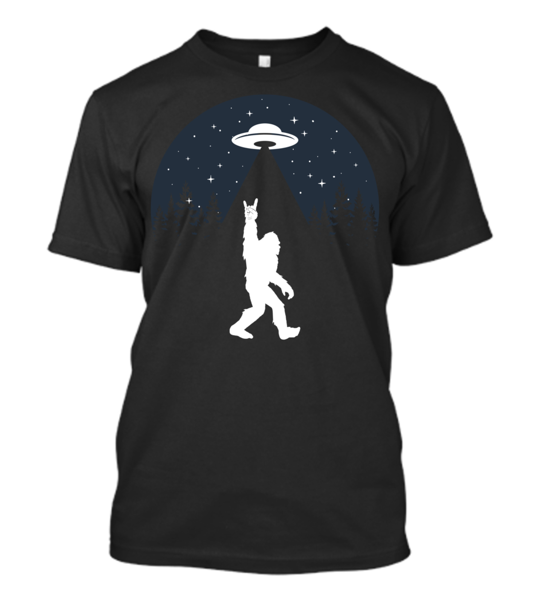 Bigfoot Rock And Roll UFO Abduction Rock On Forest Scene T-Shirt