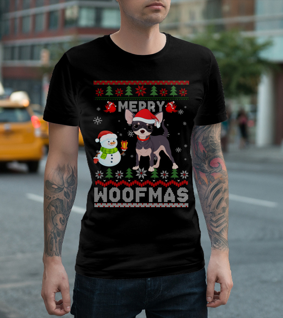 Merry Woofmas Chihuahua Dog Santa Hat Snowman Christmas T-Shirt