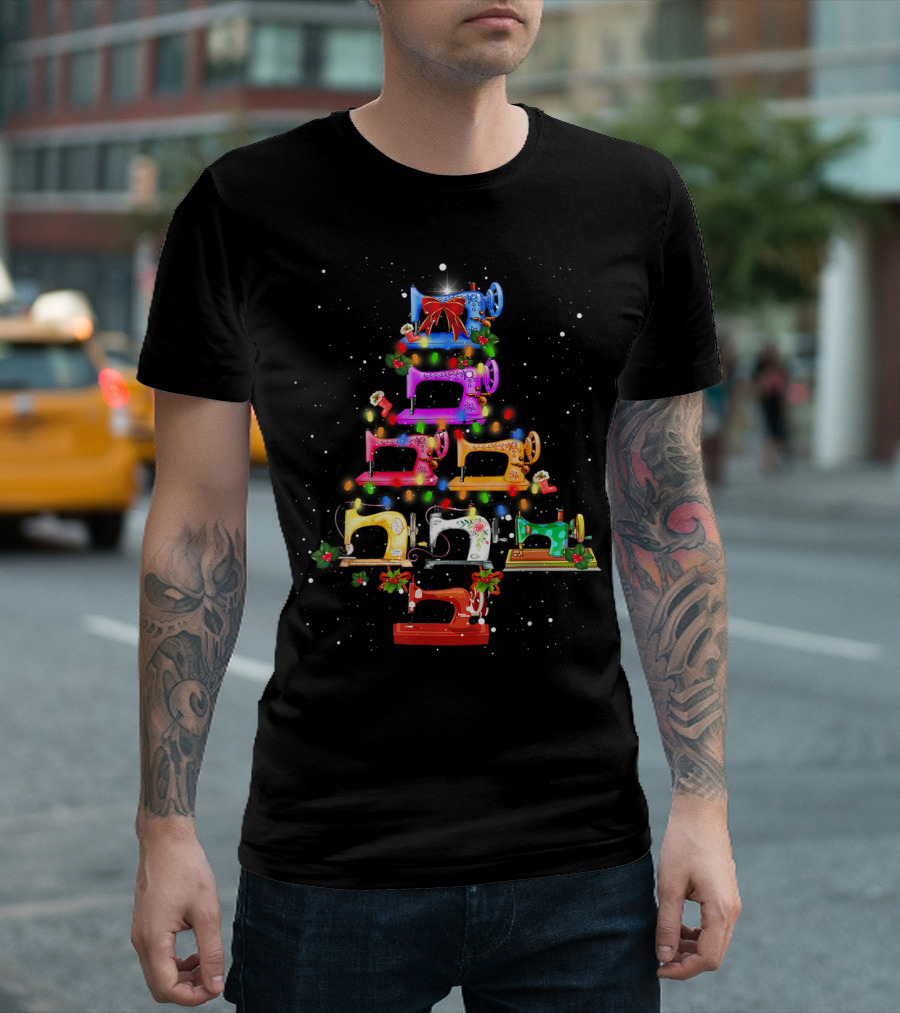 Funny Sewing Christmas Tree with Colorful Sewing Machines and Festive Lights T-Shirt