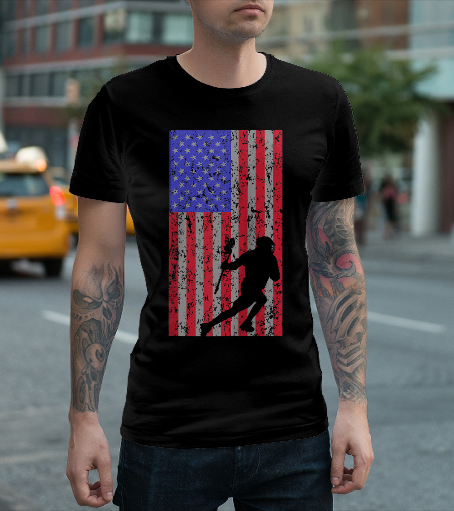 Lacrosse Player Vintage American Flag LAX T-Shirt