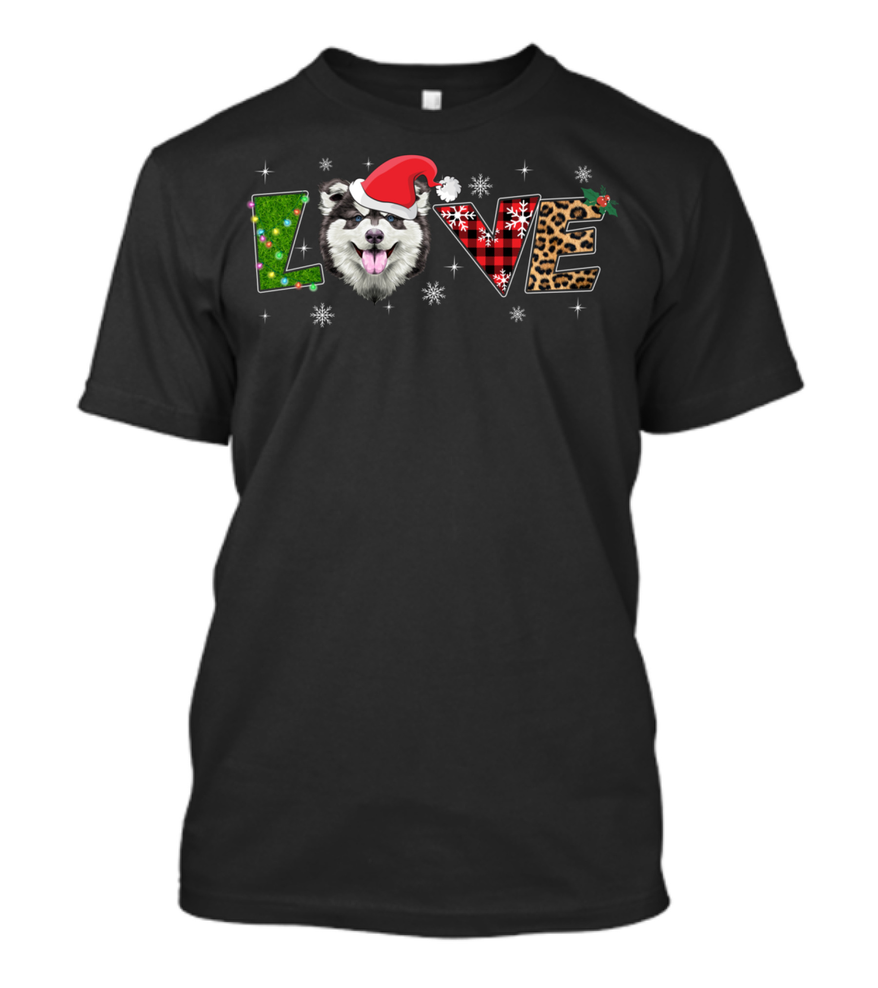 LOVE ALASKAN MALAMUTE PUP XMAS SANTA HAT SNOWFLAKES PLAID T-Shirt
