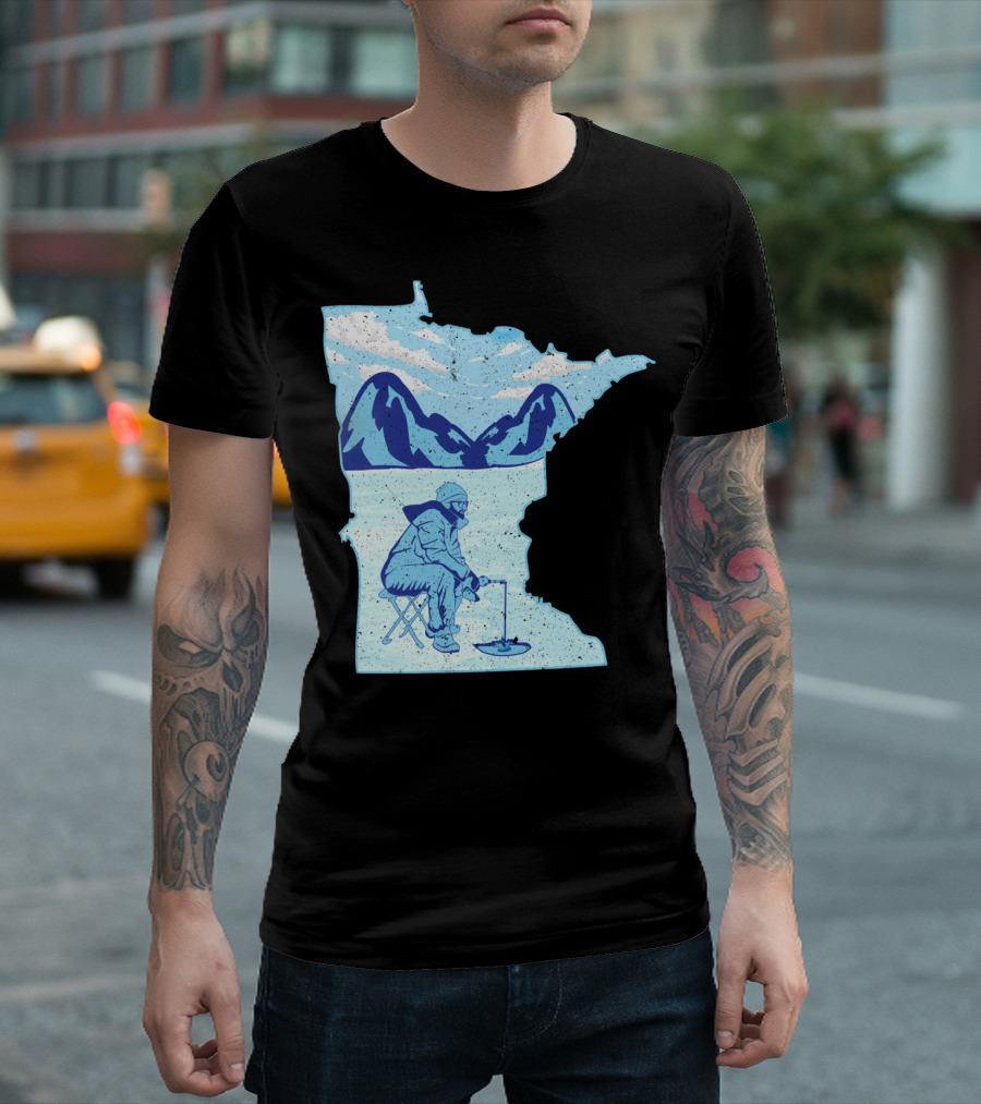 MINNESOTA ICE FISHING MAP WITH MOUNTAINS AND ANGLER T-Shirt