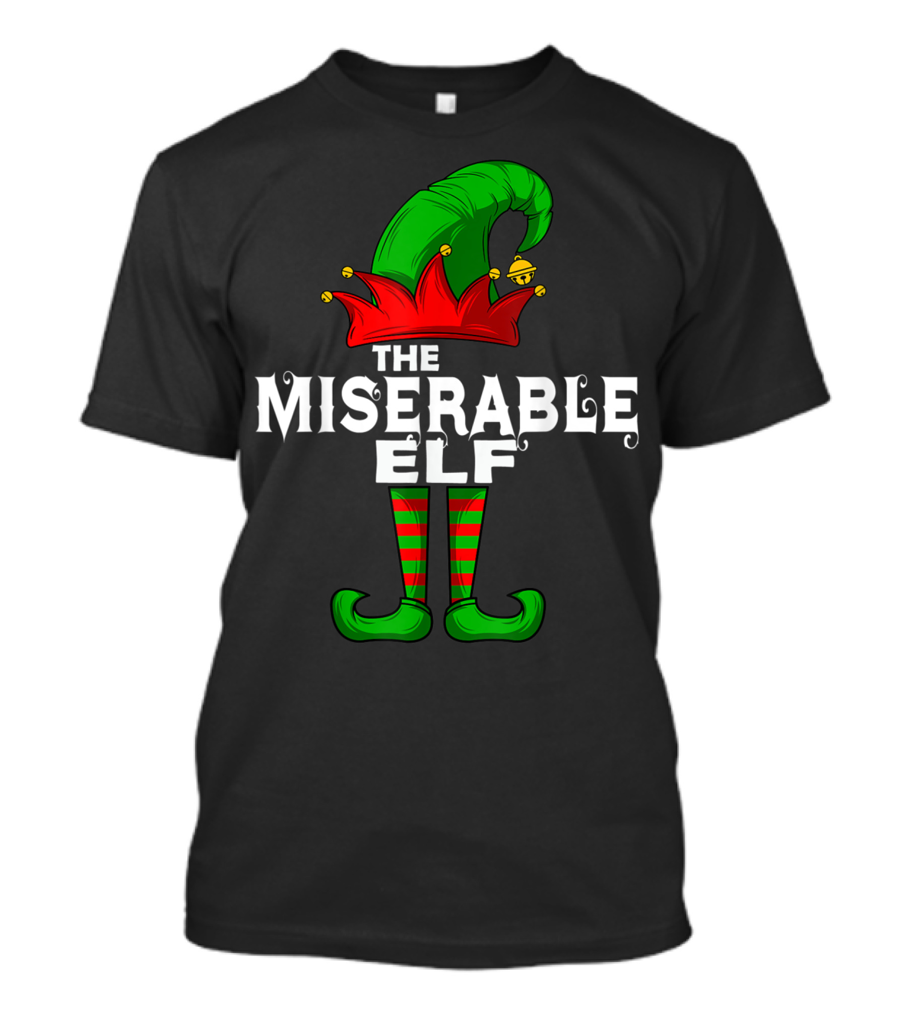 THE MISERABLE ELF FAMILY CHRISTMAS GROUP GREEN HAT STRIPED SOCKS T-Shirt