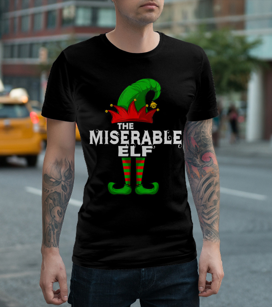 THE MISERABLE ELF FAMILY CHRISTMAS GROUP GREEN HAT STRIPED SOCKS T-Shirt