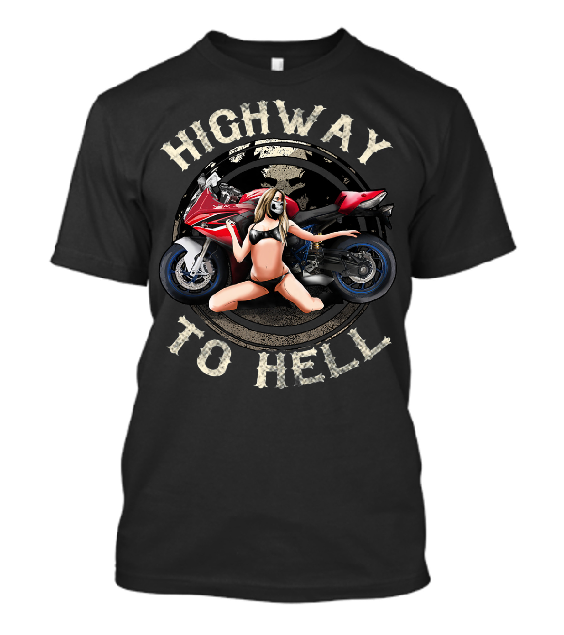 PIN UP GIRL BIKER CHICK BIKINI RED MOTORCYCLE HIGHWAY TO HELL T-Shirt