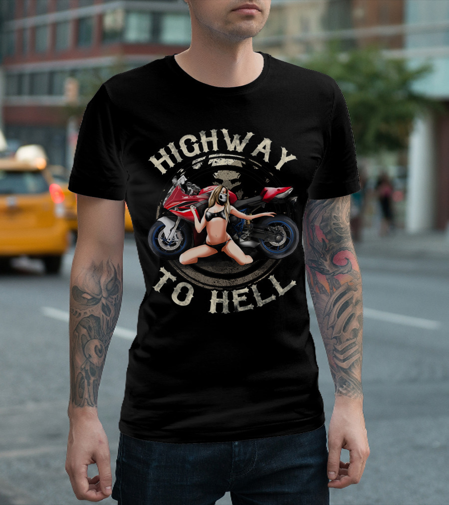 PIN UP GIRL BIKER CHICK BIKINI RED MOTORCYCLE HIGHWAY TO HELL T-Shirt