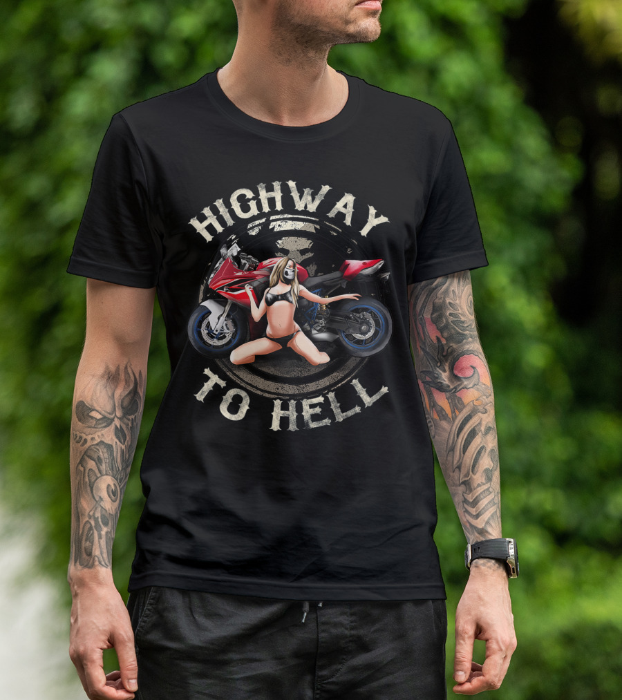 PIN UP GIRL BIKER CHICK BIKINI RED MOTORCYCLE HIGHWAY TO HELL T-Shirt