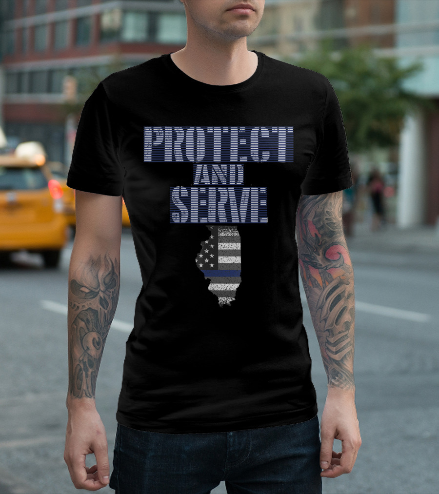 PROTECT AND SERVE THIN BLUE LINE POLICE ILLINOIS FLAG T-Shirt