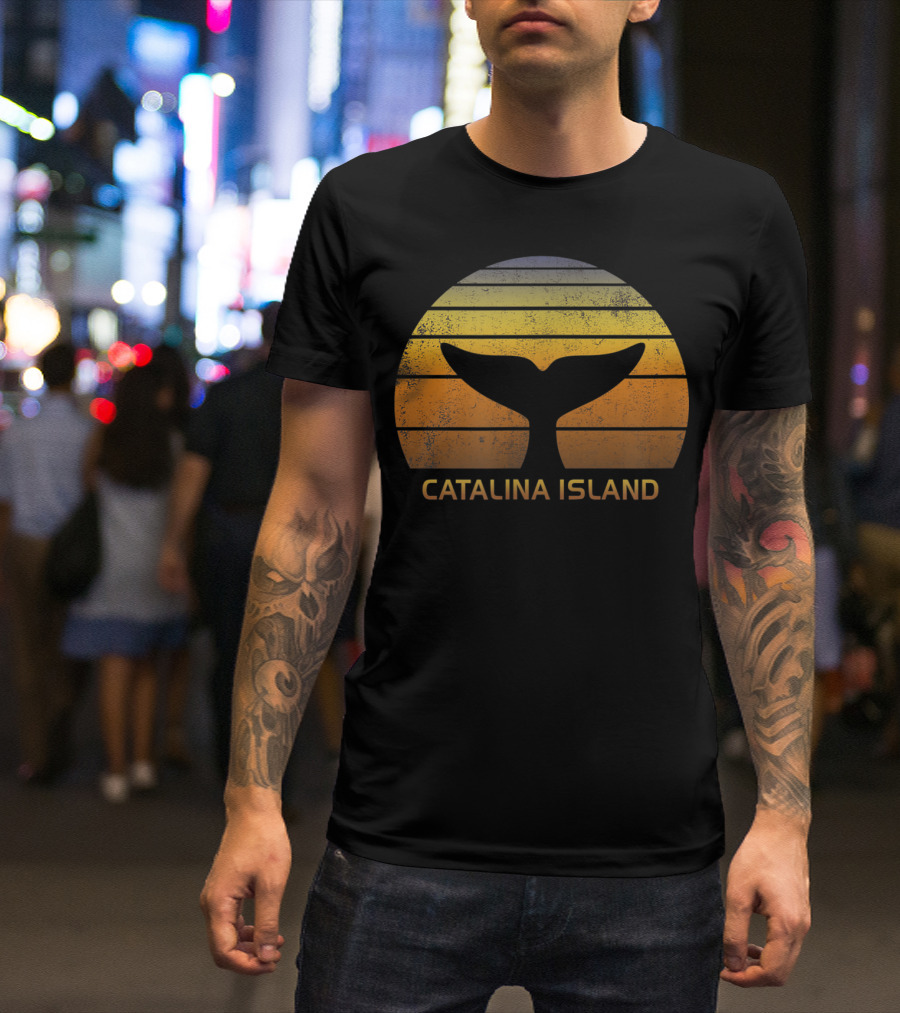 Catalina Island Retro Whale Tail Sunset Stripes T-Shirt