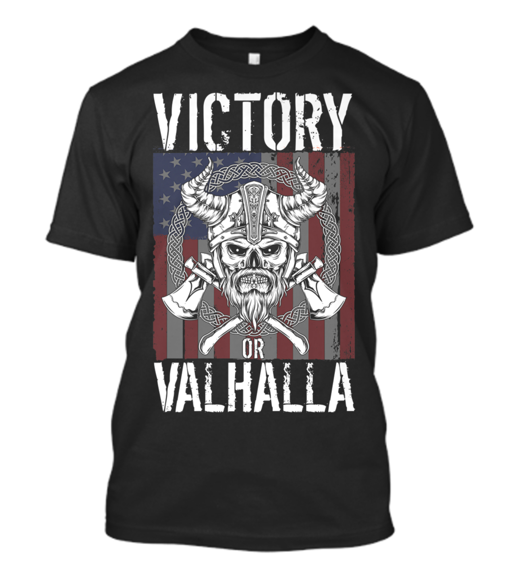 VICTORY OR VALHALLA VIKING SKULL WITH AXES AND AMERICAN FLAG BACKDROP T-Shirt