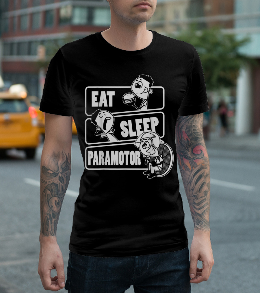 EAT SLEEP PARAMOTOR FLYING PILOT PARACHUTING BURGER CARTOON CHARACTERS T-Shirt