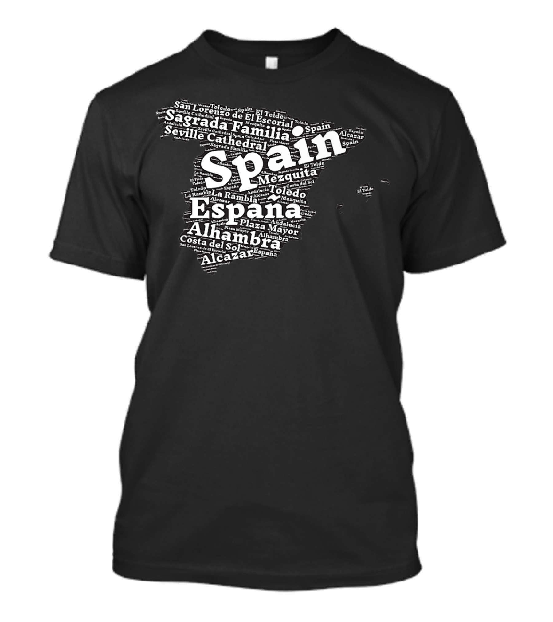 Spain España Word Map Tourism Destinations Sagrada Familia Alhambra Sevilla Plaza Mayor Costa Del Sol Toledo Mezquita La Rambla Alcazar T-Shirt