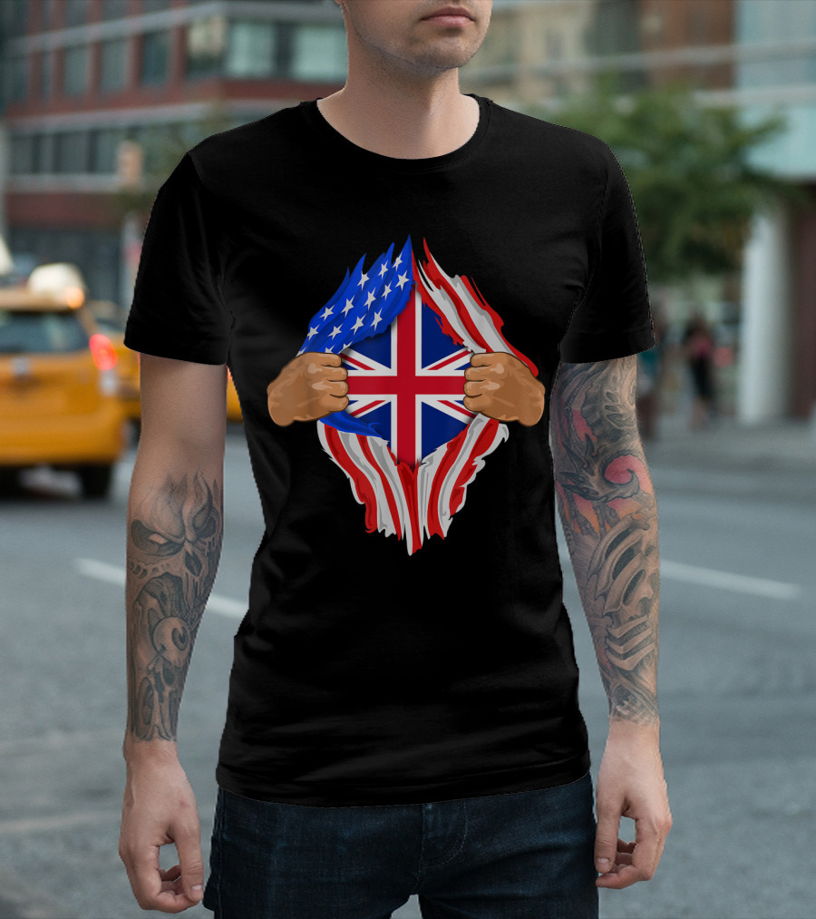 British Blood Inside Me UK Flag Torn American Flag T-Shirt