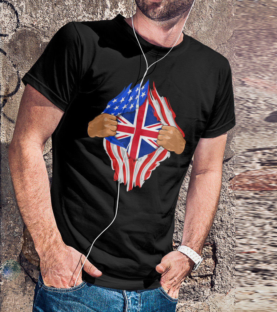 British Blood Inside Me UK Flag Torn American Flag T-Shirt