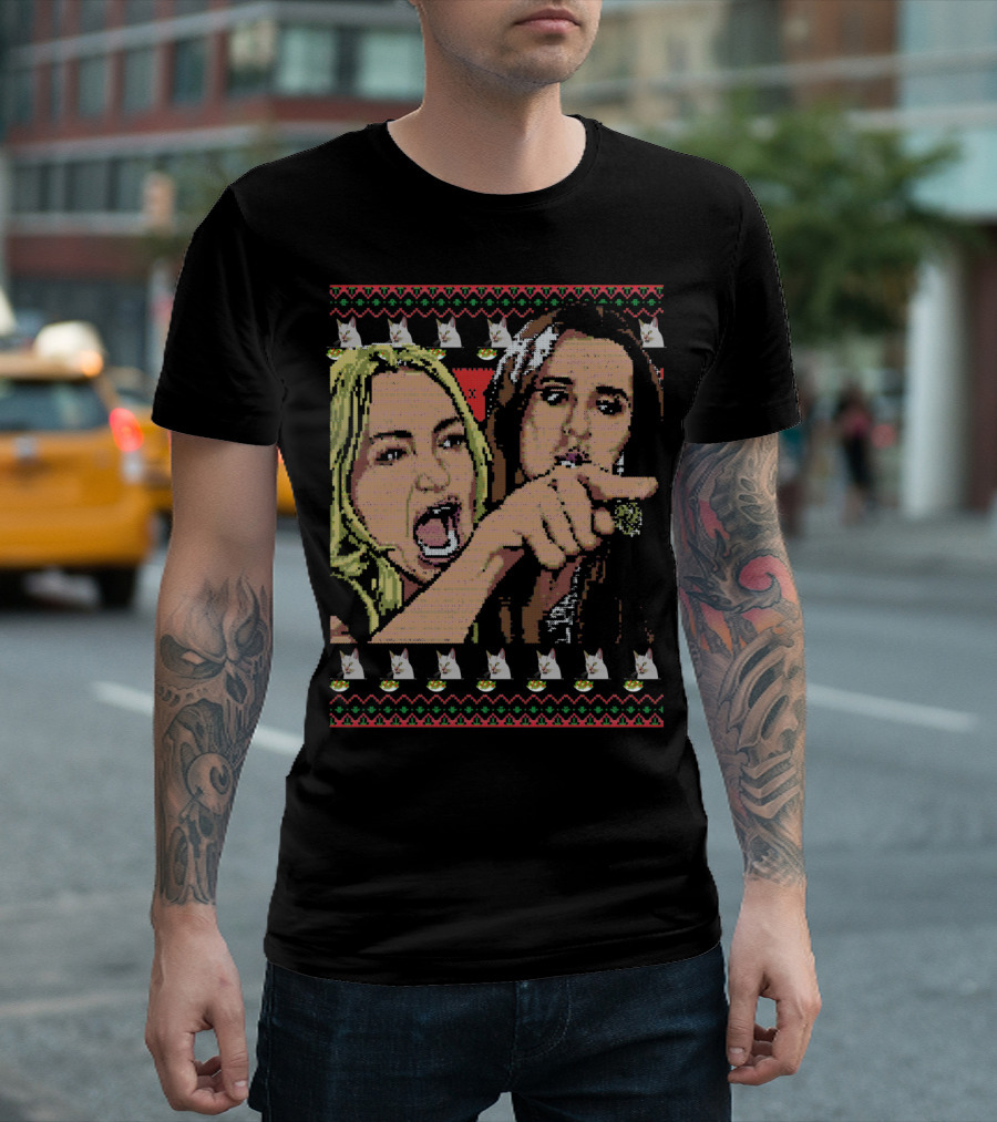 CAT WOMAN YELLING AT A CAT TABLE DINNER UGLY CHRISTMAS SWEATER MEME T-Shirt