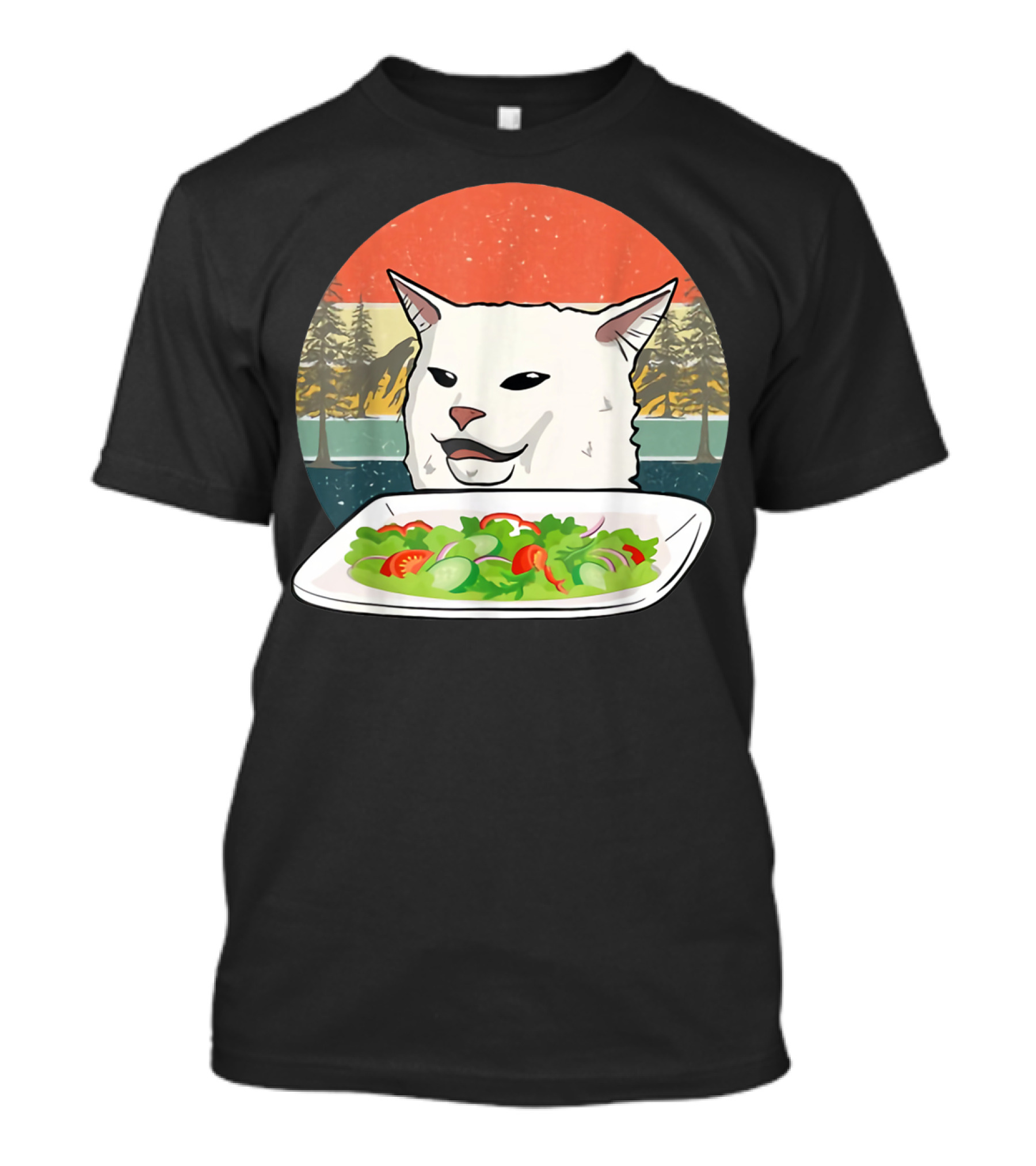 CATS SALAD SMUDGEE AT DINNER FUNNY SMUDGEE RETRO SUNSET BACKGROUND T-Shirt