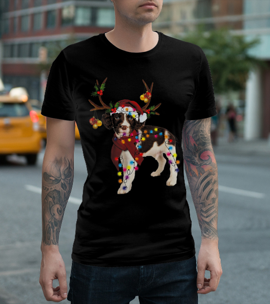Christmas Lights English Springer Spaniel Dog with Santa Hat and Reindeer Antlers T-Shirt